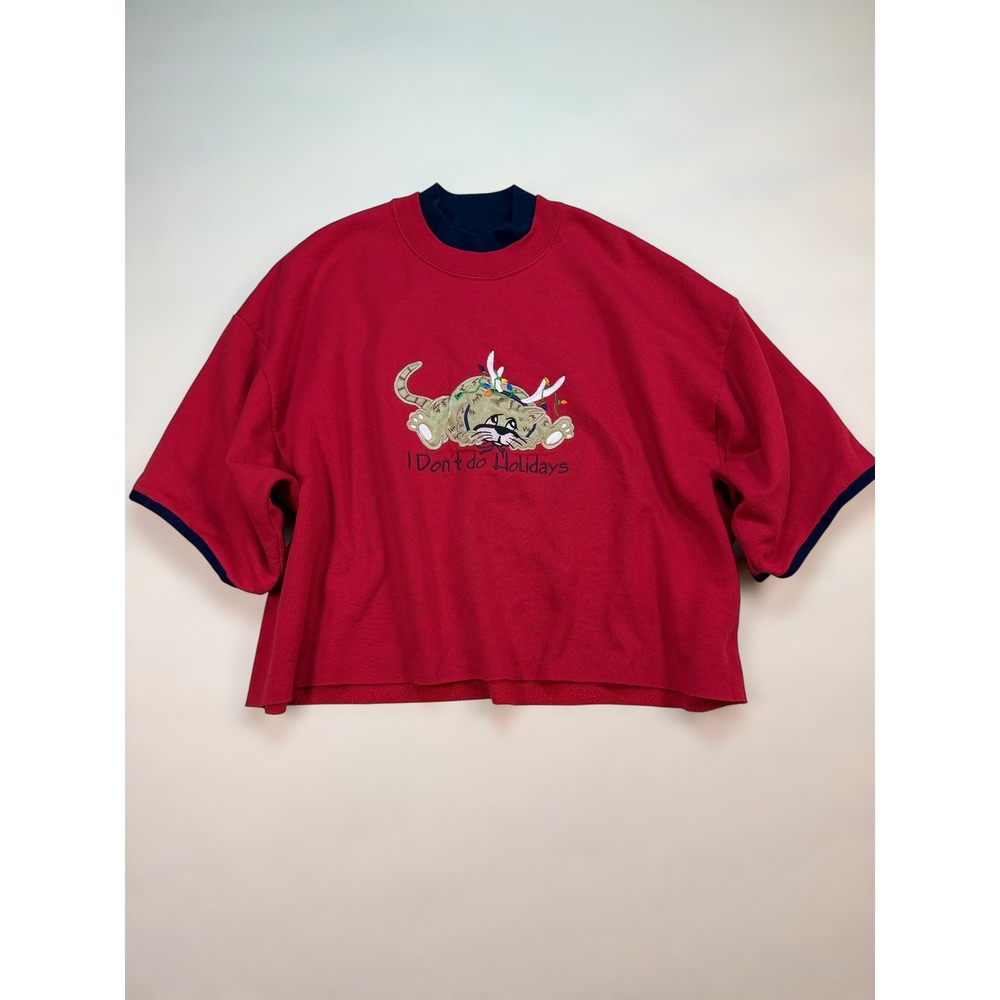 Vintage MC Sportswear I Don't Do Holidays Cat‎ Cropped Sweatshirt Red 1X